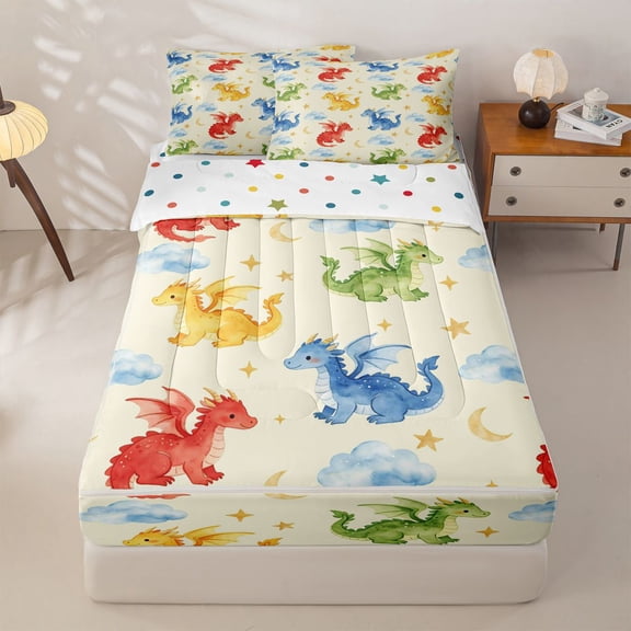 Homewish Cartoon Dinosaur Zipper Twin Comforter Sets with Fitted Sheet and 2 Pillowcases,Cute Animal Zipper Bedding Set,Cream,Polkadot Reversible,4pcs