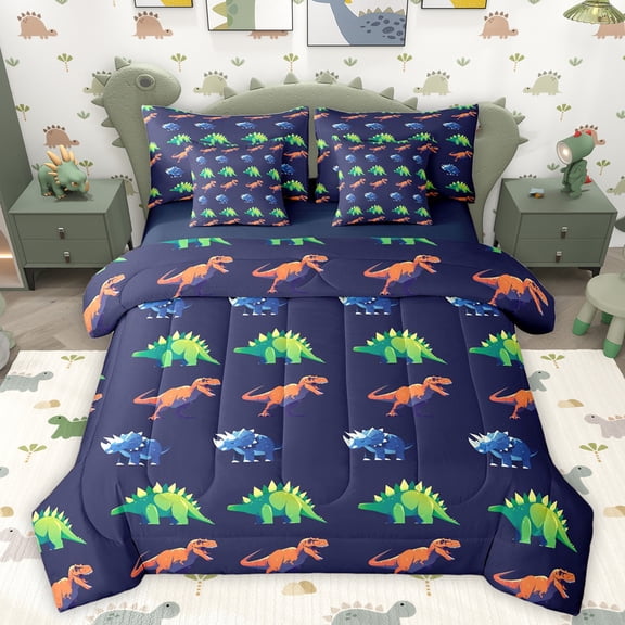 Homewish Cartoon Dinsaur Dino 7 Pieces Bedding Comforter Set,Wild Animal Full Bedding Set,Green Blue Orange Fitted Sheet Flat Sheet For Boys Teens,Super Cozy Room Decor Reversible