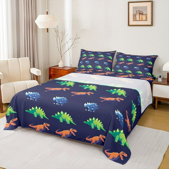 Homewish Cartoon Dinosaur Dino Queen Sheet Sets,Wild Animal Flat Sheet,Green Blue Orange Queen Fitted Sheet For Boys Teens,Super Cozy Room Decor,4-Piece