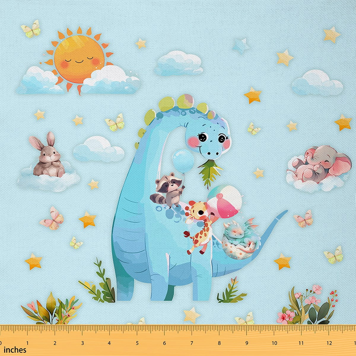 Homewish Cartoon Dinsaur Fabric by the Yard 2 Yard,Blue Wild Animal Room Decor Fabric by the Yard,Zoo Animal Rabbit Giraffe Fabric for Sewing For Boys Kids Microfiber Bedroom Decor