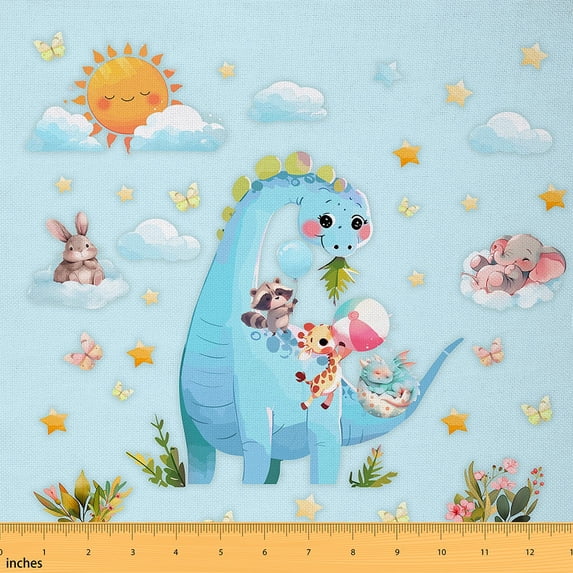 Homewish Cartoon Dinsaur Fabric by the Yard 3 Yard,Blue Wild Animal Sewing Fabric,Zoo Animal Rabbit Giraffe Room Decor Fabric by the Yard For Boys Kids Microfiber Bedroom Decor