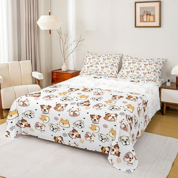 Homewish Cartoon Dog 4-Piece Full Size Sheets for Teens Boys Girls,Kawaii Pet Bed Sheets,Cute Animal Lightweight Sheet Sets,Luxury Bedroom Decor