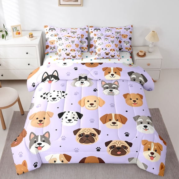 Homewish Cartoon Dog 7-Piece Twin Bedding,Kawaii Pet Theme Bedding Comforter Set,Purple,Polkadot Reversible