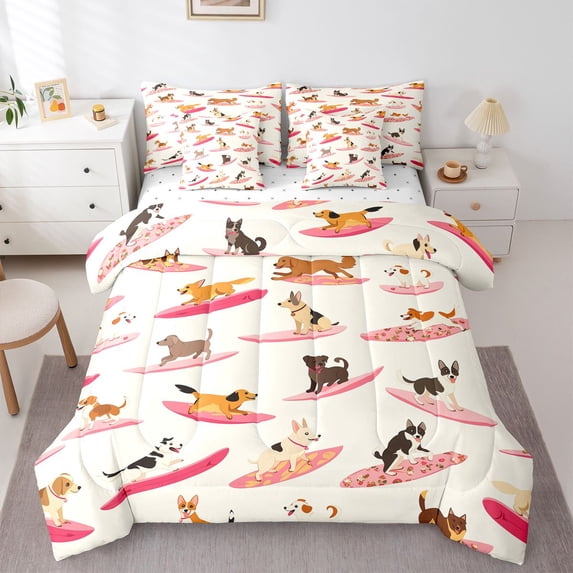 Homewish Cartoon Dog 7-Piece Twin Bedding,Summer Beach Surf Bedding Comforter Set,Cream,Reversible