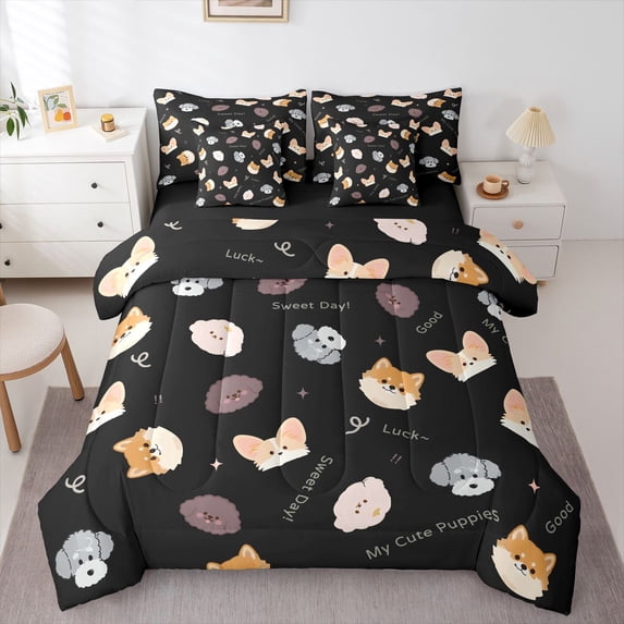 Homewish Cartoon Dog 7pcs Queen Bedding,Luck Good Sweet Day My Cute Puppies Print Bedding Comforter Set Queen,Black,Black Reversible