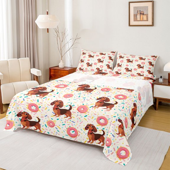 Homewish Cartoon Dog Dachshund Queen Sheets,Pink Donut Queen Sheet Sets,Cream,4-Piece,1 Flat Sheet, 1 Fitted Sheet and 2 Pillowcases