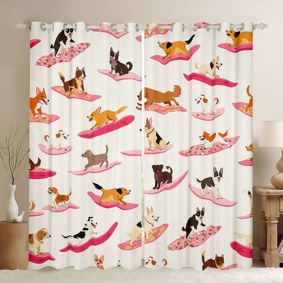 Homewish Cartoon Dog Kitchen Curtains,Summer Beach Surf Black Out Curtains Pack of 2 (42x63 Each),Cream