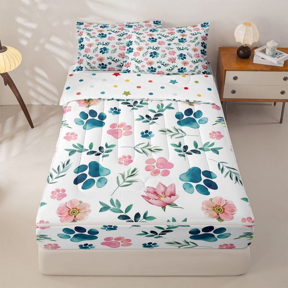 Homewish Cartoon Dog Paws Zipper Full Size Comforter Sets with Fitted Sheet and 2 Pillowcases,Cute Floral Plant Zipper Bedding Set,Pink Green,Polkadot Reversible,4pcs