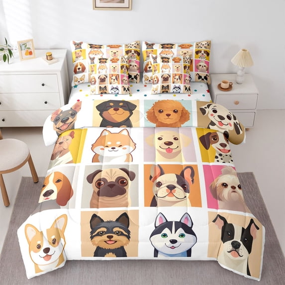 Homewish Cartoon Dog Plaid 7-Piece Twin Bedding,Cute Animal Bedding Comforter Set,White,Polkadot Reversible