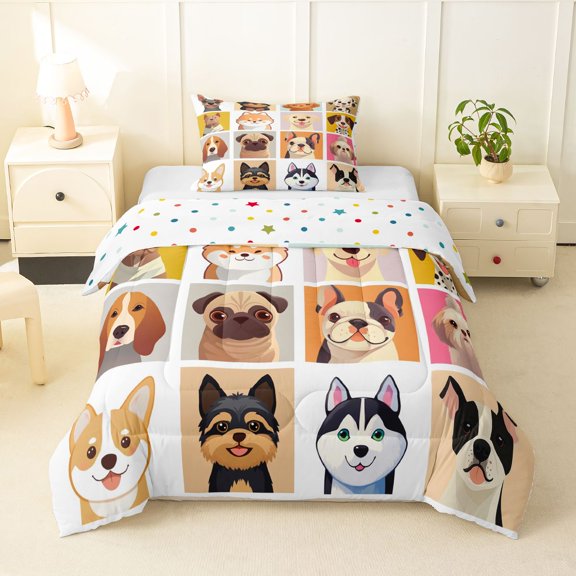 Homewish Cartoon Dog Plaid Twin Comforter Sets,Cute Animal Bedding Set,White,Polkadot Reversible,2 Pieces,1 Comforter and 1 Pillowcase