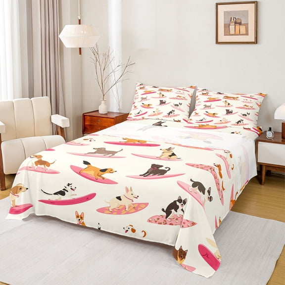 Homewish Cartoon Dog Queen Sheets,Summer Beach Surf Queen Sheet Sets,Cream,4-Piece,1 Flat Sheet, 1 Fitted Sheet and 2 Pillowcases