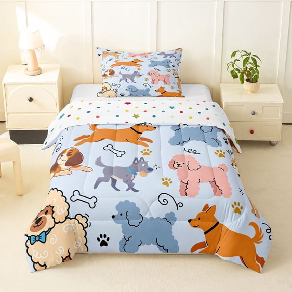Homewish Cartoon Dog Twin Comforter Sets,Funny Animal Bedding Set,Blue,Polkadot Reversible,2pcs,1 Comforter and 1 Pillowcase