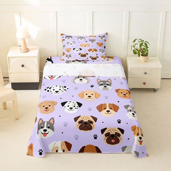 Homewish Cartoon Dog Twin Sheets,Kawaii Pet Theme Bedding,Purple,3-Piece,1 Fitted Sheet and 1 Pillowcase