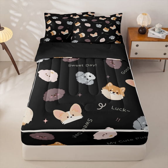 Homewish Cartoon Dog Zipper Queen Comforter Set with Fitted Sheet and 2 Pillowcases,Luck Good Sweet Day My Cute Puppies Print Zipper Bedding Set,Black,Black Reversible,4pcs