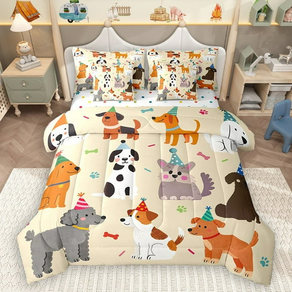 Homewish Cartoon Dogs 7-Piece Bedding Comforter Set for Preppy Children Kids,Happy Birthday King Bedding Sets,Kawaii Animal Pet Ultra Soft Bed Sheets,Microfiber Bedroom Decor,Reversible