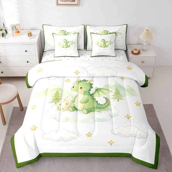 Homewish Cartoon Dragon 7-Piece Twin Bedding,Lovely Animal Bedding Comforter Set,White,Reversible