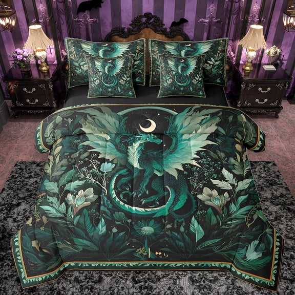 Homewish Cartoon Dragon 7pcs Bedding Comforter Set,Magic Animal Queen Bedding Sets,Green Leaves Queen Sheet Sets For Boys Kids,Breathable Home Decor Reversible