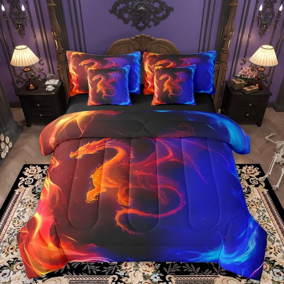 Homewish Cartoon Dragon 7pcs Bedding Comforter Set,Magic Animal Queen Bedding Sets,Red Blue Queen Sheet Sets For Boys Kids,Ultra Soft Home Decor Reversible