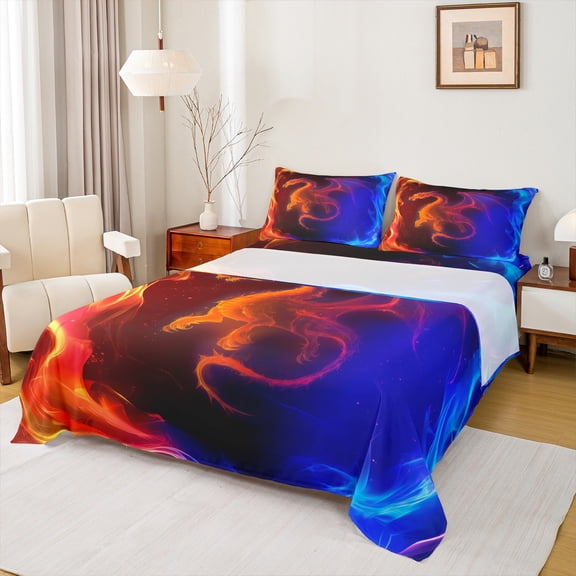Homewish Cartoon Dragon Bed Sheets,Magic Animal King Sheets,Red Blue Sheet Set For Boys Kids,Ultra Soft Home Decor,4-Piece