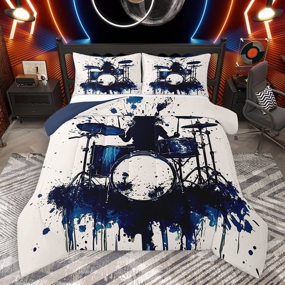 Homewish Cartoon Drum Bedding Comforter Set for Kids, Watercolor Splatter Art Twin Comforter Sets, Music Theme Reversible Bedding Set, Lightweight Room Decor, 2pcs