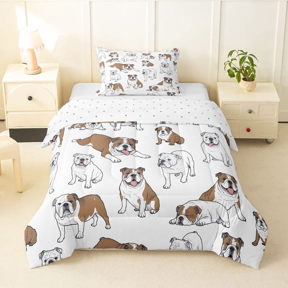 Homewish Cartoon English Bulldog Twin Comforter Sets,Pet Lover Bedding Set,White,Reversible,2 Pieces,1 Comforter and 1 Pillowcase