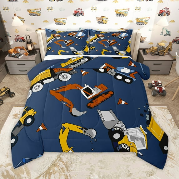 Homewish Cartoon Excavator Bedding Comforter Set,Construction Vehicles Twin Comforter Sets,Red Yellow Deepblue Bedding Set For Teens Kid,Luxury Bedroom Decor Reversible,2-Piece