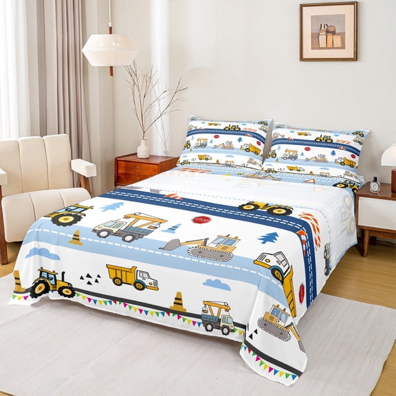 Homewish Cartoon Excavator Bulldozer Bed Sheets,Construction Vehicles King Sheets,Blue White Yellow Sheet Set For Boys Kids,Super Cozy Room Decor,4 Pieces