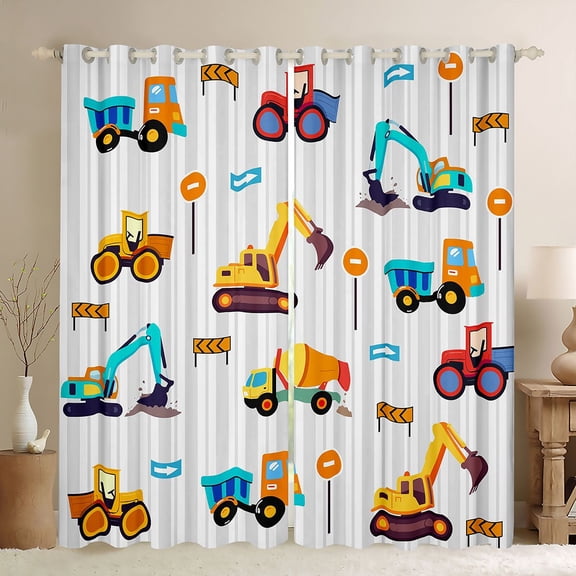 Homewish Cartoon Excavator Truck Black Out Curtains,Equipped Truck Bulldozer Curtains Pack of 2 (42x63 Each),Gray Geometric Striped Bedroom Curtains For Boys Kids,Microfiber Bedroom Decor