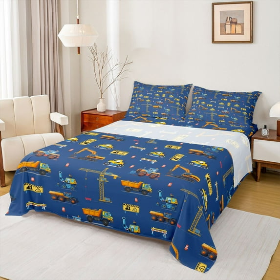 Homewish Cartoon Excavator Truck Twin Sheet Sets,Equipped Truck Bulldozer Twin Fitted Sheet,Deepblue Yellow Flat Sheet For Boys Kids,Microfiber Bedroom Decor,3pcs