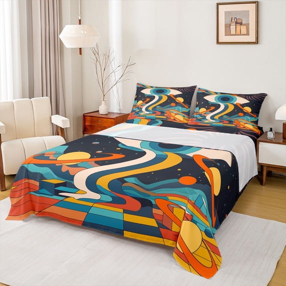 Homewish Cartoon Eye Print Queen Sheet Sets for Kids, Vintage Stripes Buffalo Flat Sheet, Outer Space Planet Queen Fitted Sheet, Microfiber Bedroom Decor, 4pcs