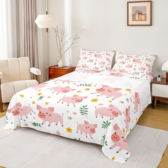 Homewish Cartoon Farm Pig Twin Sheet Sets for Child, Rustic Leaf Plant Twin Fitted Sheet, Cute Flower Floral Flat Sheet, Ultra Soft Bedroom Decor, 3-Piece