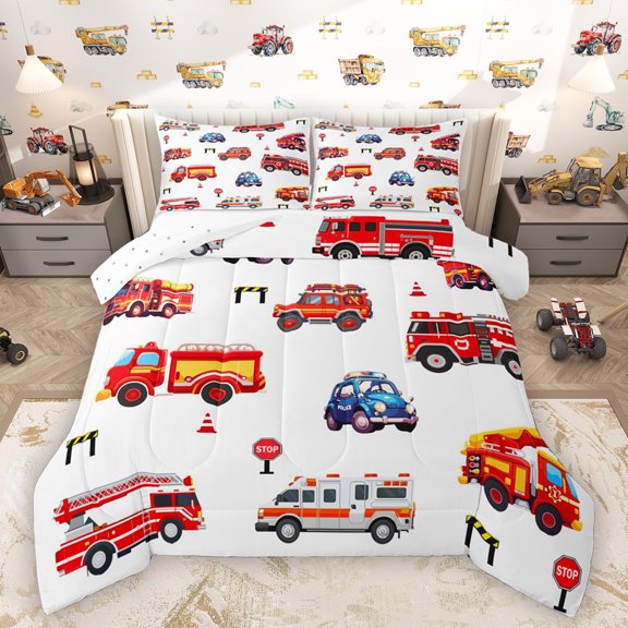 Homewish Cartoon Fire Engine Bedding Comforter Set,Cute Cartoon Car Twin Comforter Sets,White Red Blue Bedding Set For Teens,Breathable Home Decor Reversible,2 Pieces