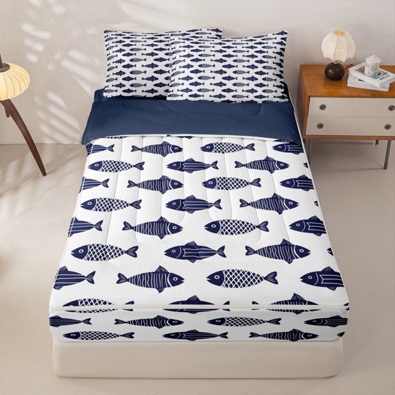 Homewish Cartoon Fish Kids Zipper Twin Comforter Sets with Fitted Sheet and 2 Pillowcases, Cute Ocean Animals Zipper Bedding Set, Navy Reversible, 4-Piece