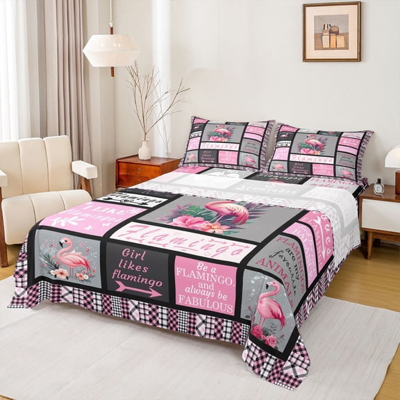 Homewish Cartoon Flamingo Animal Twin Sheet Sets, Romantic Rose Floral Twin Fitted Sheet, Grey Pink Plaid Flat Sheet, Microfiber Bedroom Decor, 3-Piece