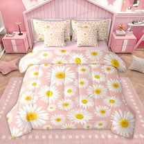 Homewish Cartoon Floral Daisy 7-Piece Twin Bedding Sets,Rustic Flower Bedding Comforter Set,Pink White Yellow Sheet Sets For Girl Kids,Super Cozy Room Decor Reversible
