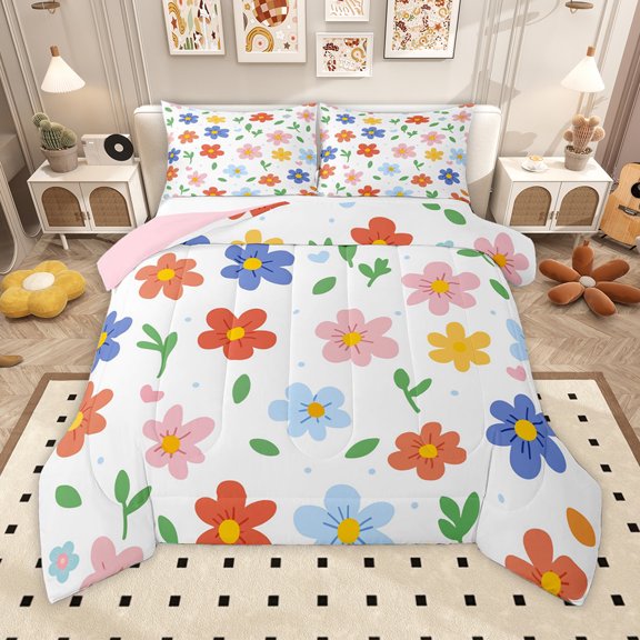 Homewish Cartoon Floral Daisy Bedding Comforter Set,Multicolor Rustic Flower Twin Comforter Sets,White Pink Orange Bedding Set For Girl Kids,Super Cozy Room Decor Reversible,2-Piece