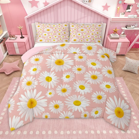 Homewish Cartoon Floral Daisy Bedding Comforter Set,Rustic Flower Twin Comforter Sets,Pink White Yellow Bedding Set For Girl Kids,Super Cozy Room Decor Reversible,2pcs