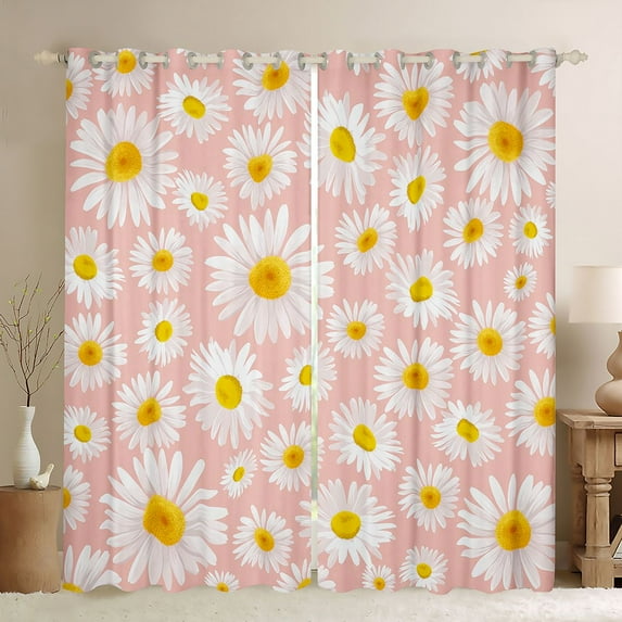 Homewish Cartoon Floral Daisy Black Out Curtains,Rustic Flower Curtains Pack of 2 (42x63 Each),Pink White Yellow Bedroom Curtains For Girl Kids,Super Cozy Room Decor