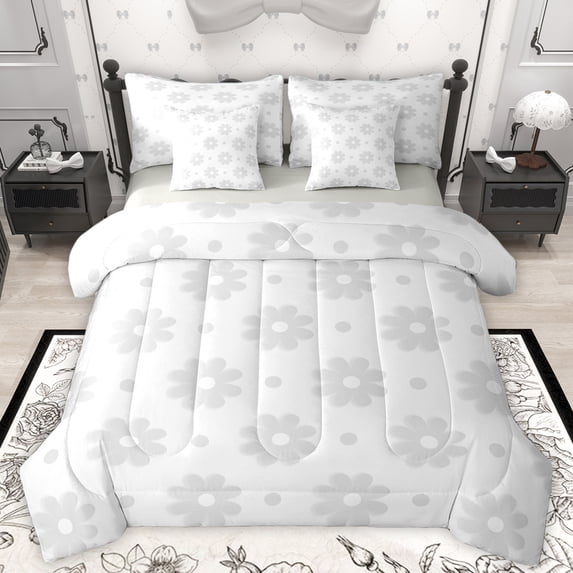 Homewish Cartoon Flower 7 Pieces Bedding Comforter Set,Cute Floral Blossom Full Bedding Set,Gray Daisy Fitted Sheet Flat Sheet For Girls,Microfiber Bedroom Decor Reversible