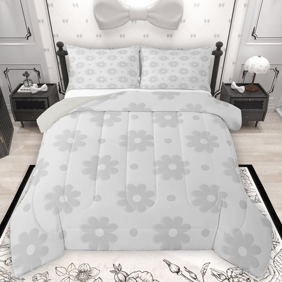 Homewish Cartoon Flower Bedding Comforter Set,Cute Floral Blossom Twin Comforter Sets,Gray Daisy Bedding Set For Girls,Microfiber Bedroom Decor Reversible,2-Piece