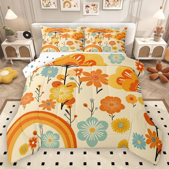 Homewish Cartoon Flower Bedding Comforter Set,Retro Rustic Flower Twin Comforter Sets,Orange Beige Blue Bedding Set For Girls Kids,Breathable Home Decor Reversible,2 Pieces