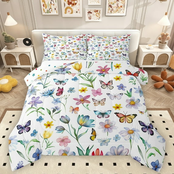 Homewish Cartoon Flower Butterfly Bedding Comforter Set,Rustic Floral Twin Comforter Sets,White Green Purple Bedding Set For Girls Teens,Ultra Soft Home Decor Reversible,2 Pieces