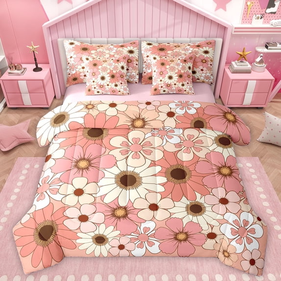 Homewish Cartoon Flower Daisy 7pcs Bedding Comforter Set,Retro Rustic Floral Queen Bedding Sets,Pink Orange Blossom Queen Sheet Sets For Girls Kids,Microfiber Bedroom Decor Reversible
