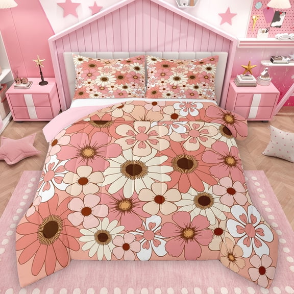 Homewish Cartoon Flower Daisy Bedding Comforter Set,Retro Rustic Floral Twin Comforter Sets,Pink Orange Blossom Bedding Set For Girls Kids,Microfiber Bedroom Decor Reversible,2pcs