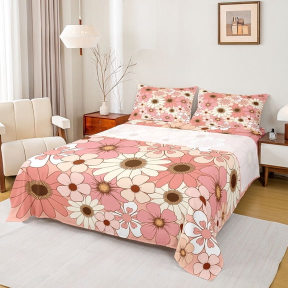Homewish Cartoon Flower Daisy Twin Sheet Sets,Retro Rustic Floral Twin Fitted Sheet,Pink Orange Blossom Flat Sheet For Girls Kids,Microfiber Bedroom Decor,3pcs