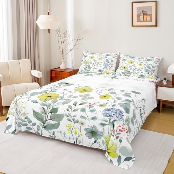 Homewish Cartoon Flower Floral Twin Sheet Sets for Teen, Leaf Botanical Twin Fitted Sheet, Rustic Farmhouse Flat Sheet, Ultra Soft Bedroom Decor, 3 Pieces