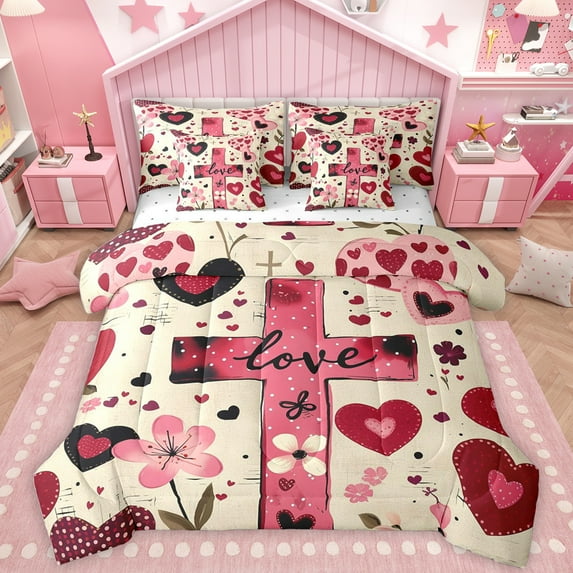 Homewish Cartoon Flower Loves 7-Piece Twin Bedding Sets,Happy Valentine'S Day Bedding Comforter Set,Red Beige Sheet Sets For Men Women,Luxury Bedroom Decor Reversible