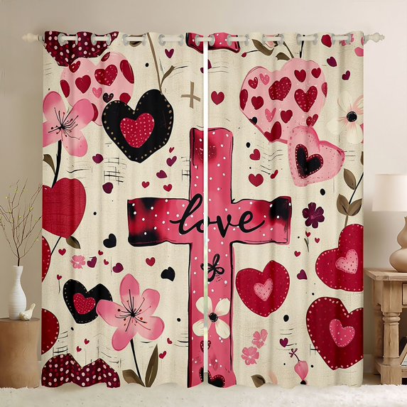 Homewish Cartoon Flower Loves Blackout Curtains Set of 2 (52x84 Each),Happy Valentine'S Day Window Curtains,Red Beige Curtains and Drapes For Men Women,Luxury Bedroom Decor