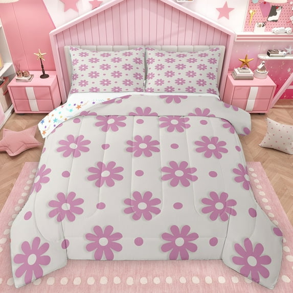 Homewish Cartoon Flower Queen Comforter Set,Cute Floral Blossom Bedding Sets,Pink Gray Bedding Comforter Set For Girls,Microfiber Bedroom Decor Reversible,3-Piece