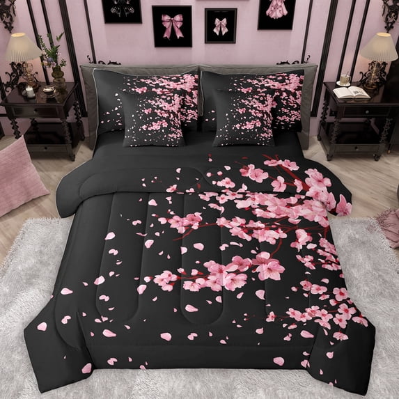 Homewish Cartoon Flower Sakura 7pcs Bedding Comforter Set,Japan Cherry Blossom Queen Bedding Sets,Black Pink Queen Sheet Sets For Girl Teens,Ultra Soft Home Decor Reversible